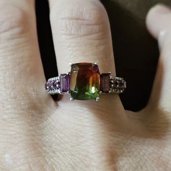 Genuine Watermelon Quartz & Rhodolite Garnet Ring Platinum/925 Sz 8! - Picture 11 of 14